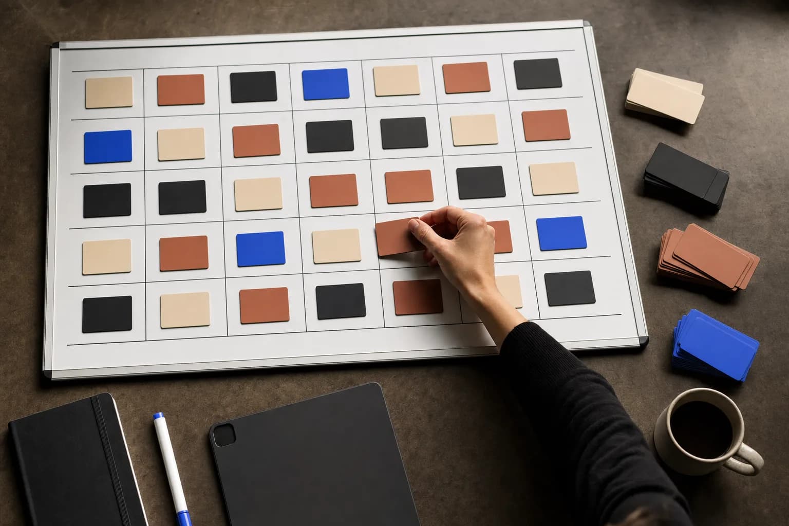 Overhead view of a large whiteboard content calendar grid on a studio table, with a hand placing a colour-coded magnetic card into one of the weekly slots alongside small stacks of cards grouped by theme.