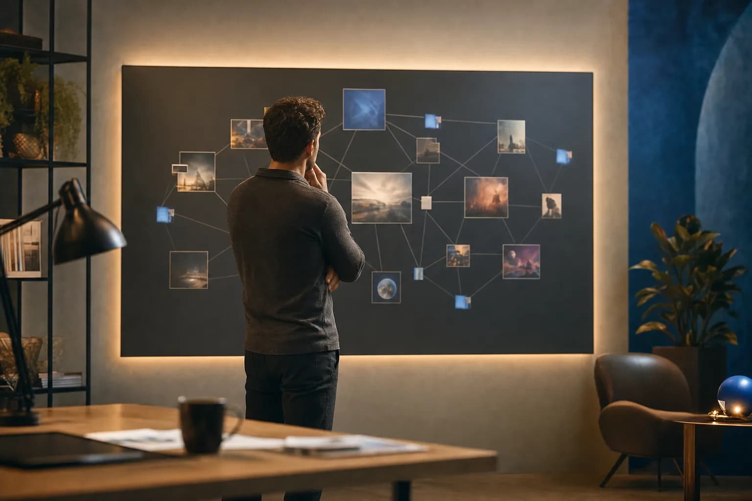A creative professional reviewing a connected network of publishing channels on a studio wall display