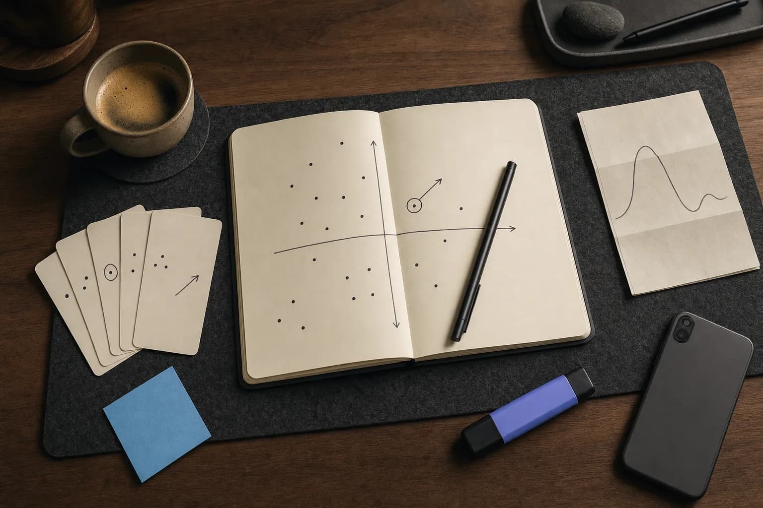 An overhead view of a minimalist desk where an open notebook shows a hand-drawn two-axis positioning map with scattered plotted dots and one circled marker, a pen lying across the page beside a coffee cup and a few small marked index cards.