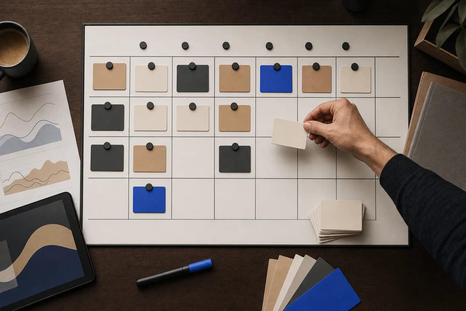 Overhead view of a large whiteboard content calendar grid on a studio table, with a hand placing a magnetic card into one of the weekly slots while spare cards wait in a stack nearby.