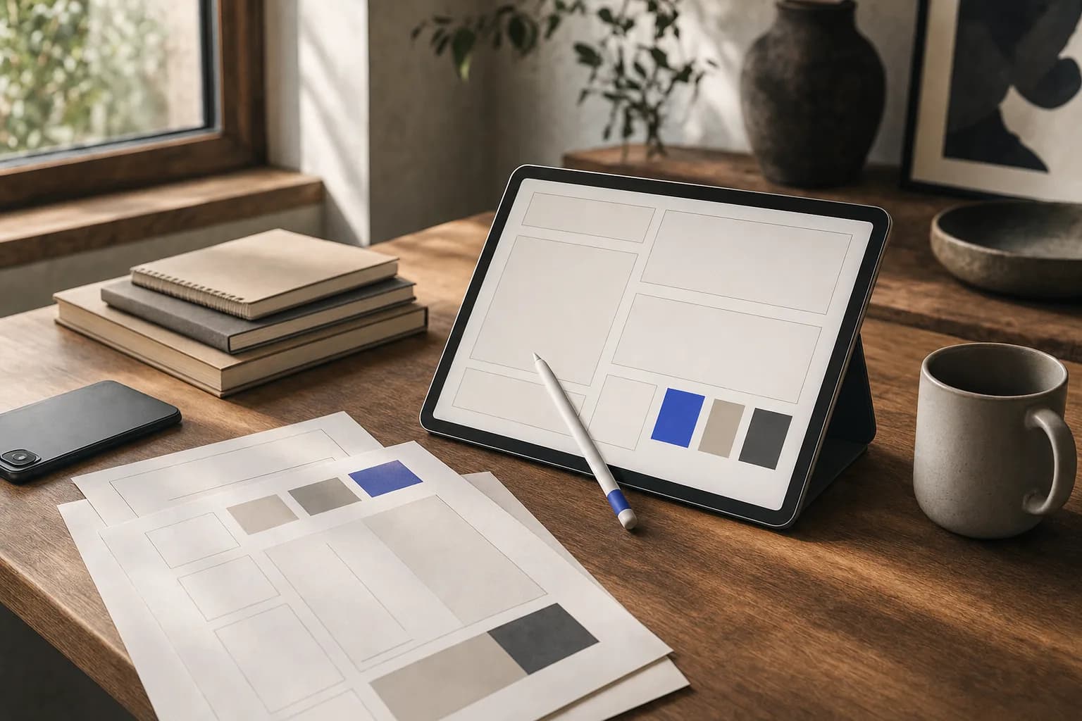 A tablet on a wooden desk displaying an abstract layout grid with color swatches, a stylus resting on its surface beside printed template sheets in warm natural window light.