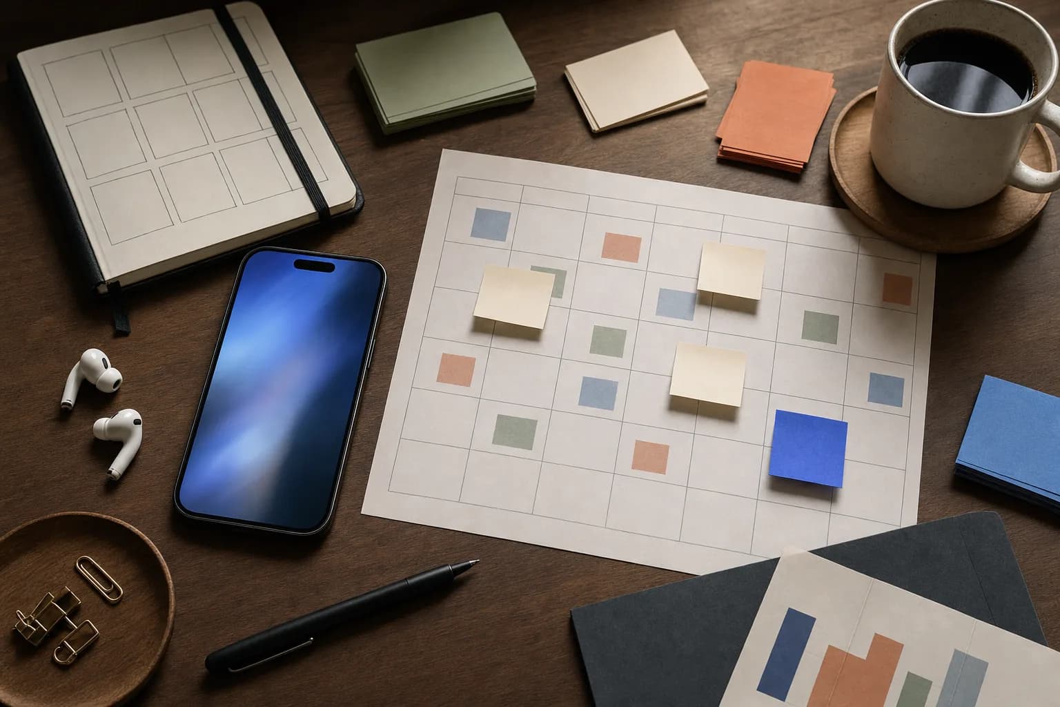 An overhead view of a smartphone resting beside a printed monthly content calendar on a wooden desk, with sticky notes, a pen and a coffee cup arranged around them.