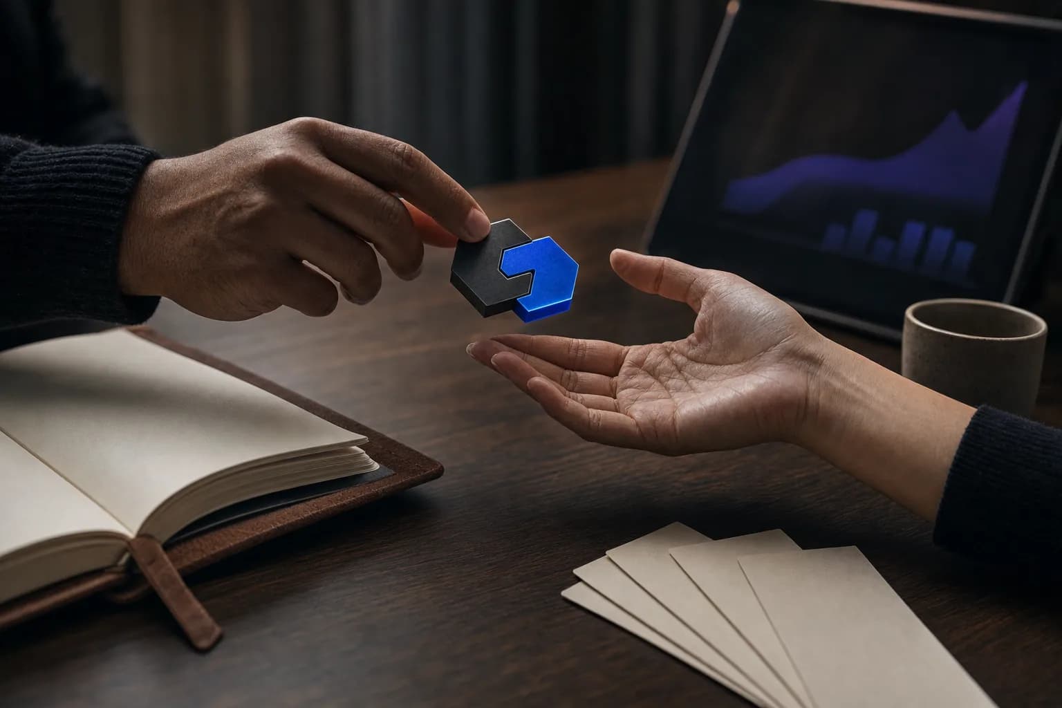 Two hands meeting across a dark desk, one passing a small polished geometric token to the other beside a notebook and muted analytics charts.