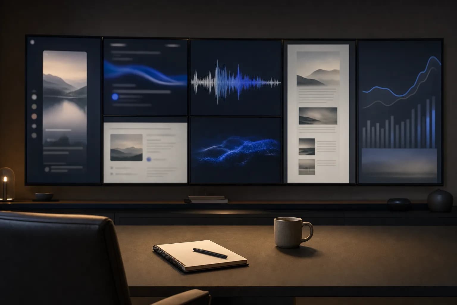 A wall of minimalist monitors in a dim control room, each screen showing a different softly blurred abstract content and analytics interface, suggesting choices between distribution channels.