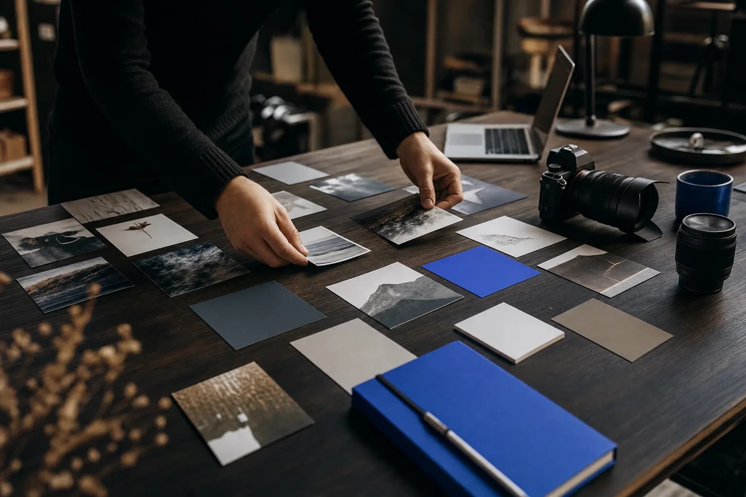 A creative professional arranges photographs, notes and camera equipment into connected content themes across a dark studio table.