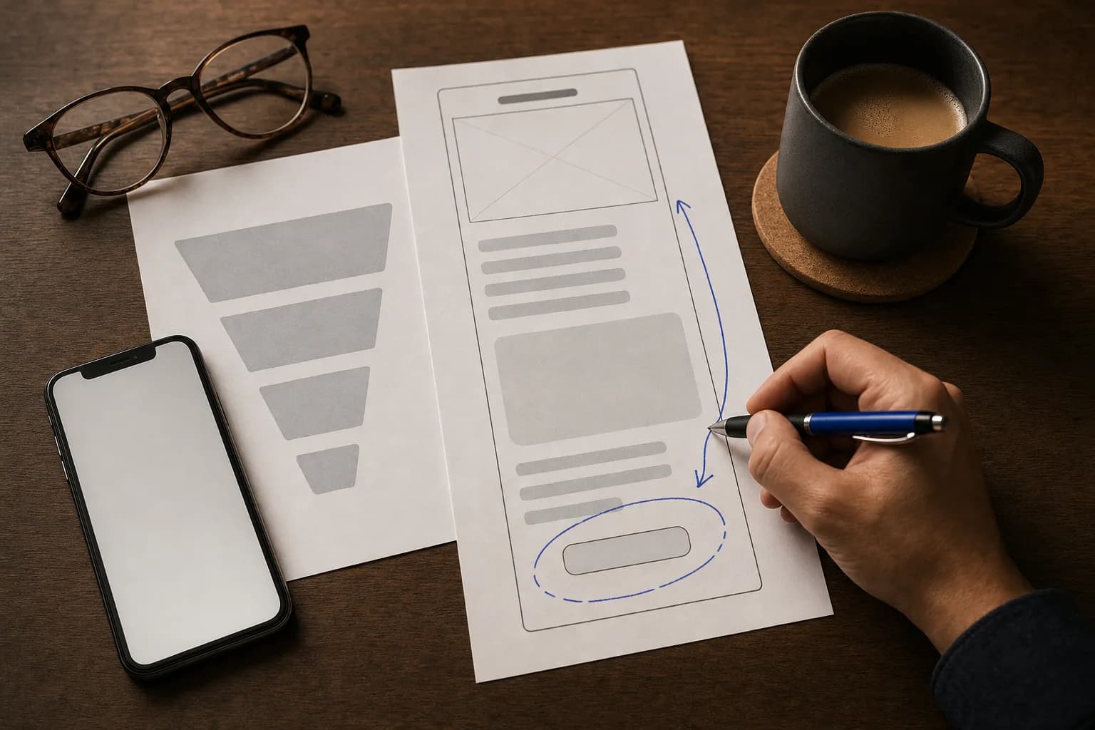 Overhead view of a printed tall, narrow mobile landing-page wireframe on a desk, with a hand marking annotations and arrows near the thumb-reach area, beside a smartphone and a coffee cup.