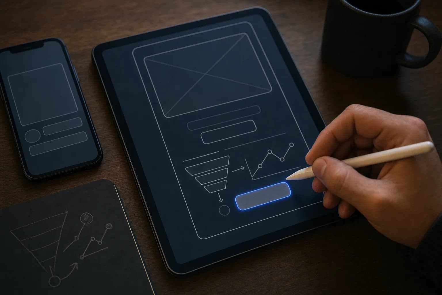 A close-up of a hand hovering a stylus over a large blank call-to-action button shape on a tablet screen showing an unlabelled social-traffic landing page wireframe, with a phone and notebook nearby on a warm desk.