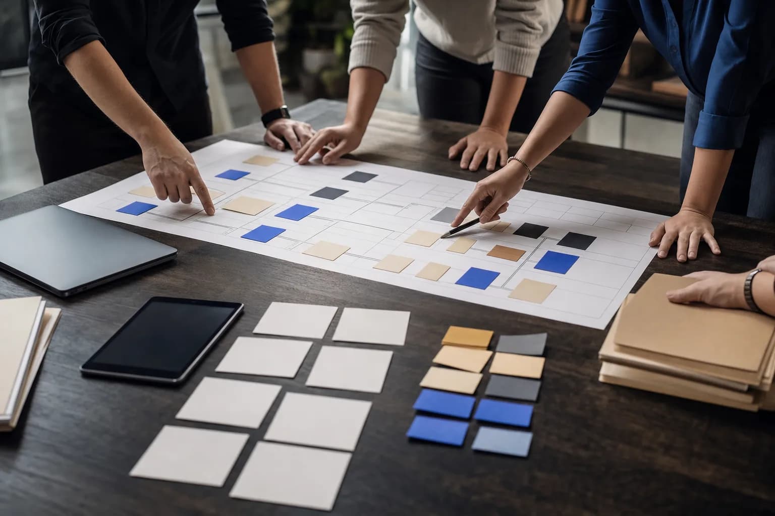 A small team gathered around a table, hands pointing at a large printed content library map and production timeline spread across the surface.