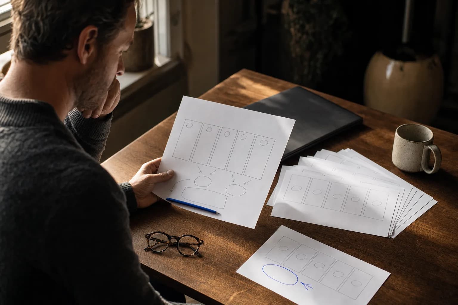 A person sits alone at a wooden table in warm afternoon light, studying a printed one-page strategy brief spread beside several fanned-out sheets, with a closed laptop and a cobalt-blue pen at hand.