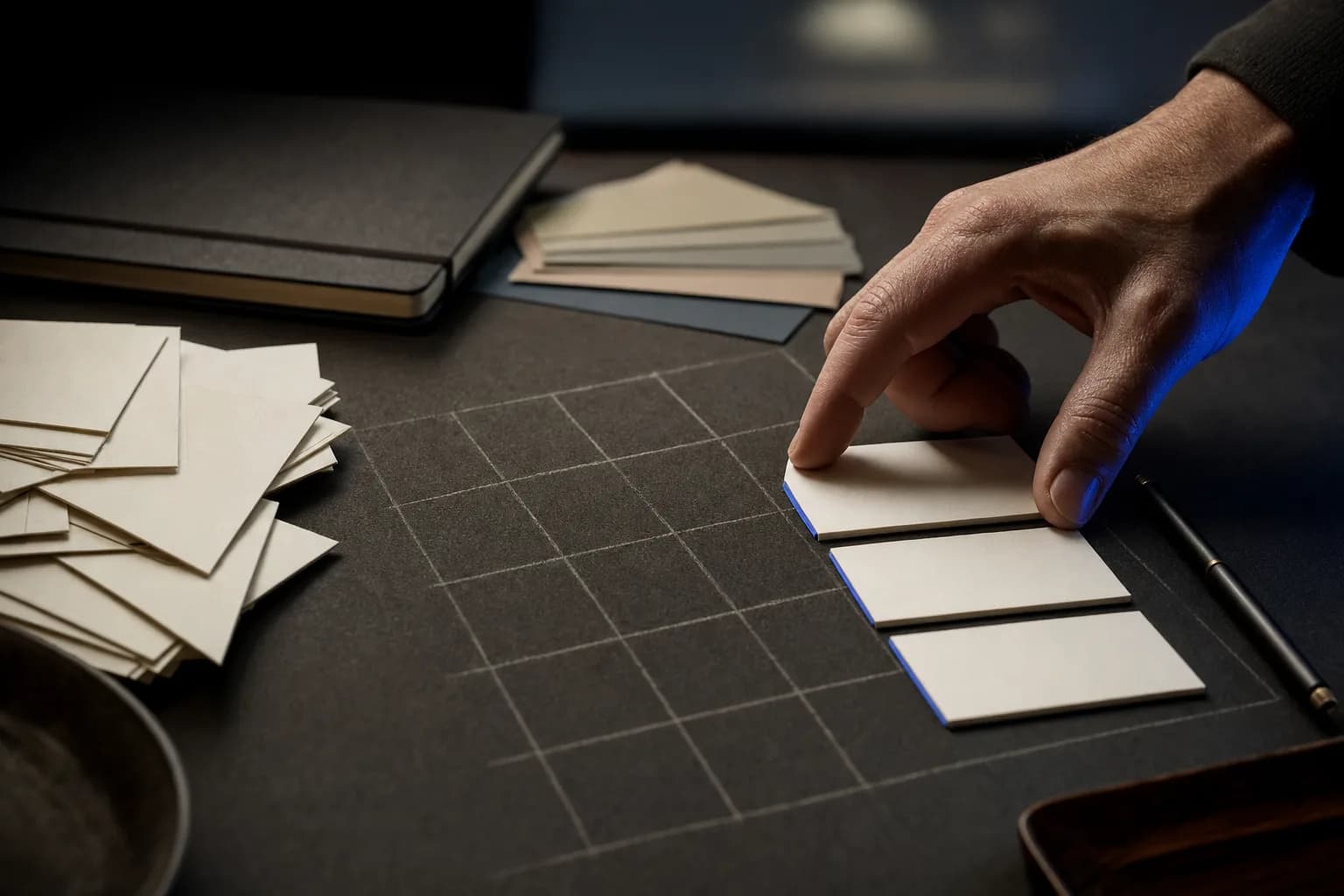 A close-up of a hand sorting blank index cards into a small, deliberate cluster and a larger set-aside pile on a matte tabletop beside a calendar-style grid of empty paper squares.
