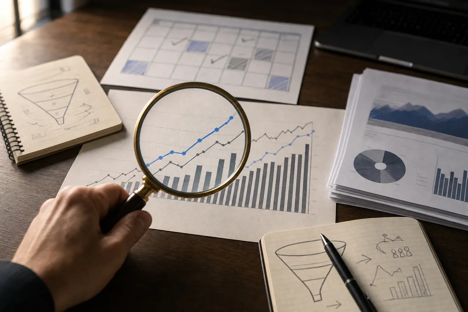 A close-up of a hand holding a magnifying glass over a printed performance chart spread across a desk beside a quarterly planning notebook and marked-up content calendar.