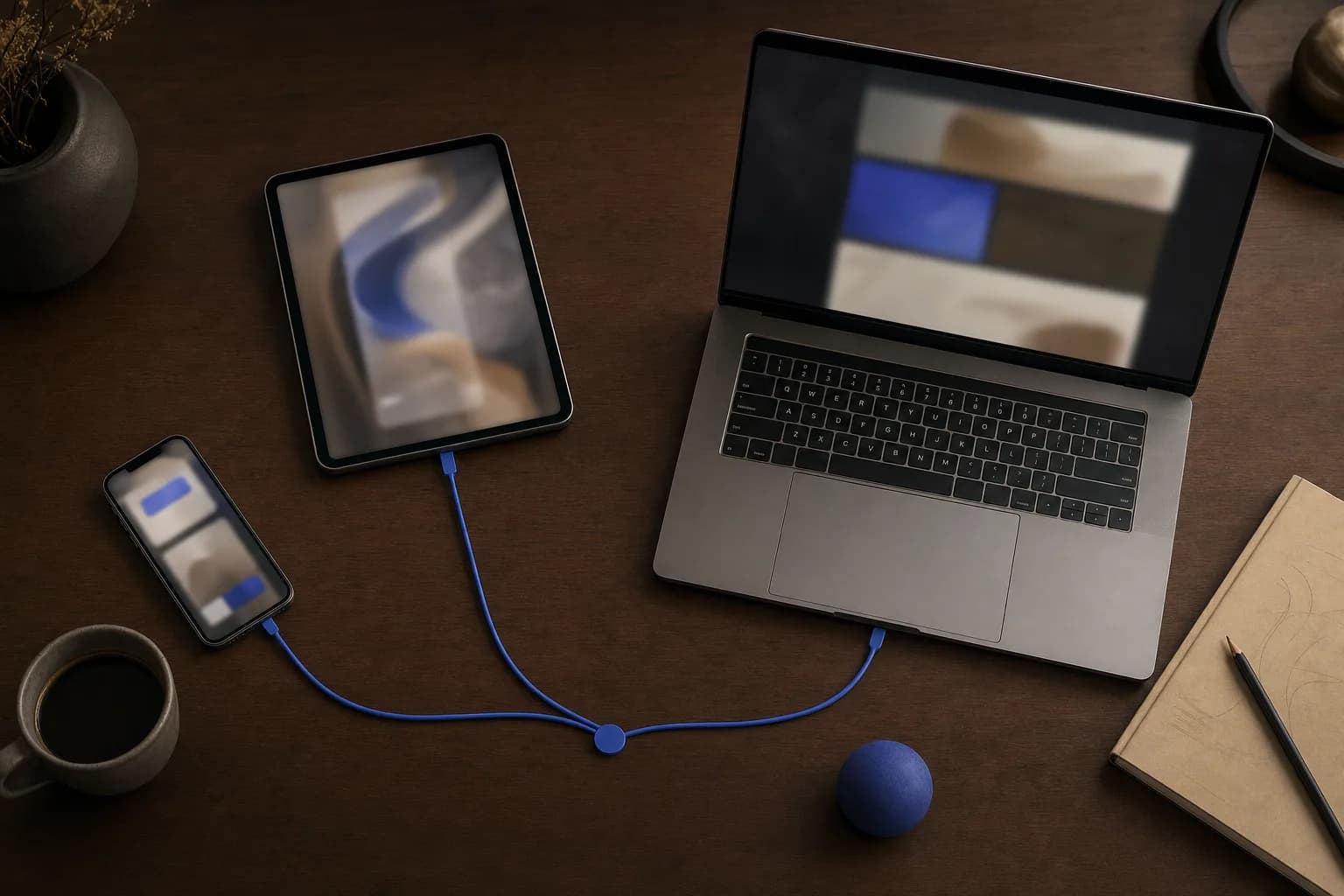 Overhead view of a warm wooden desk with a phone, tablet and laptop fanned out, each showing a different soft-focus abstract screen, suggesting one idea distributed across several channels.