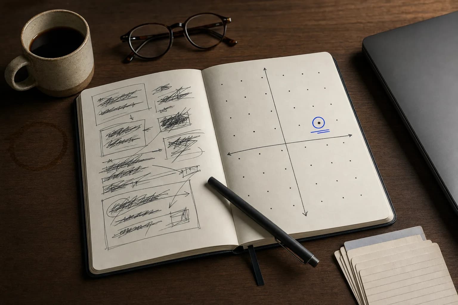 An overhead view of a minimalist desk where an open notebook shows a hand-drawn two-axis positioning map with one circled point, several crossed-out sketches on an adjacent page, a pen resting across the paper and a coffee cup nearby.