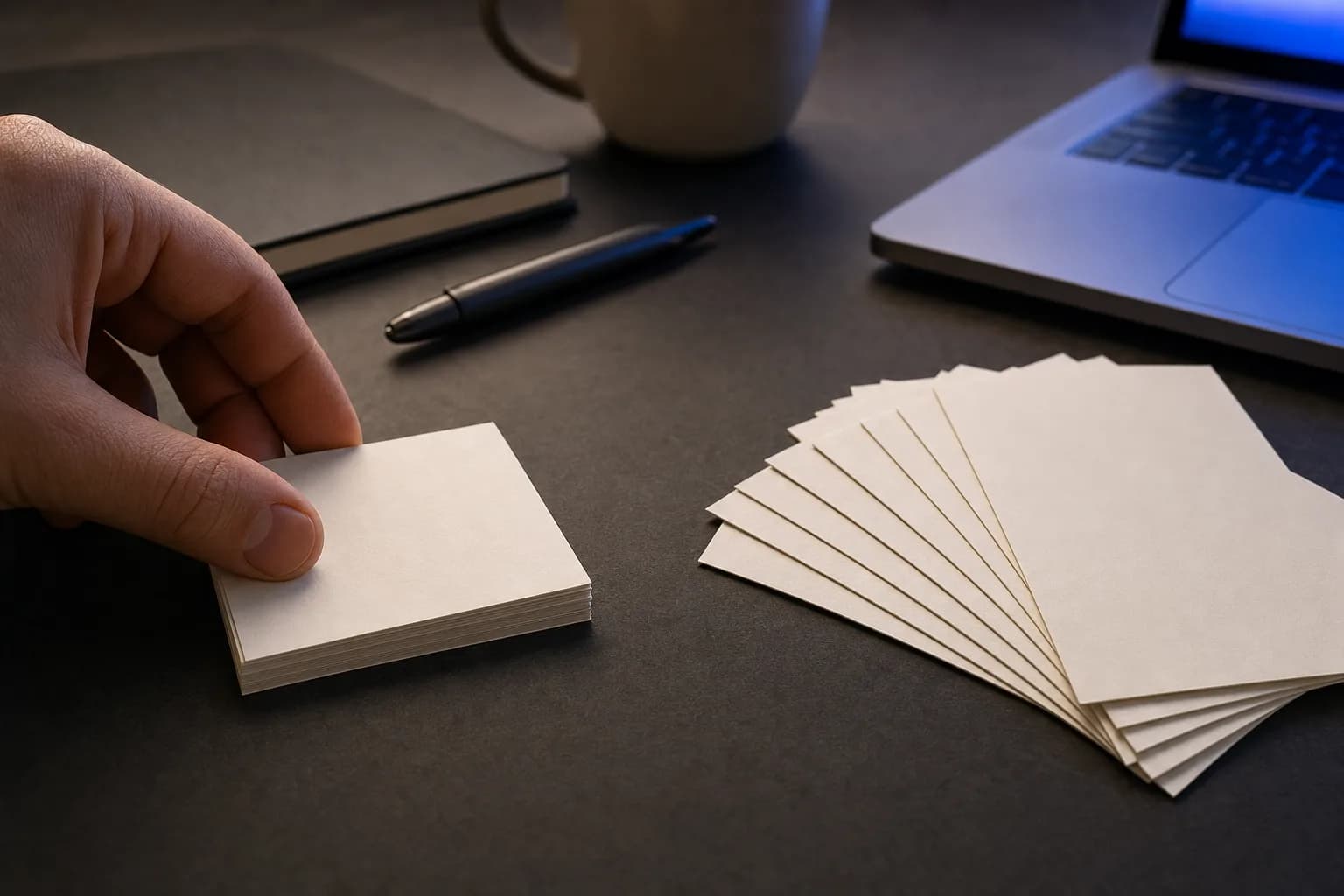 A hand sorting blank index cards into two separate clusters on a matte tabletop beside a notebook and a laptop's soft glow, suggesting the separation of identity from output.