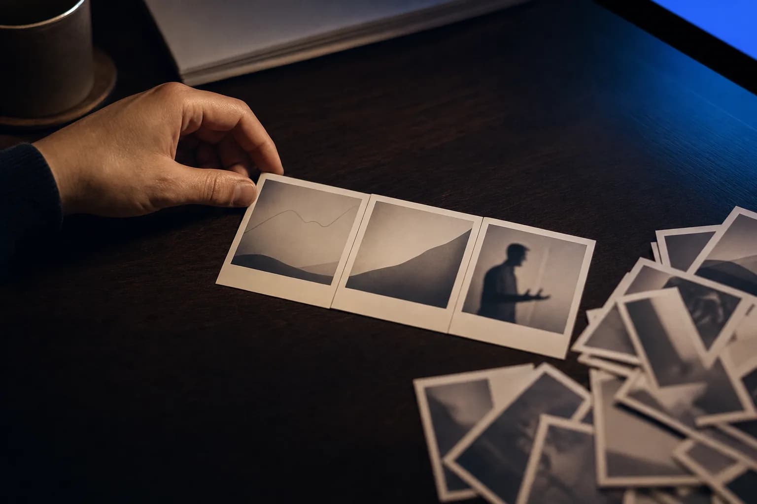 A hand arranging a small row of polaroid-style prints into one deliberate left-to-right sequence on a dark wooden desk, with a few unrelated prints pushed aside.