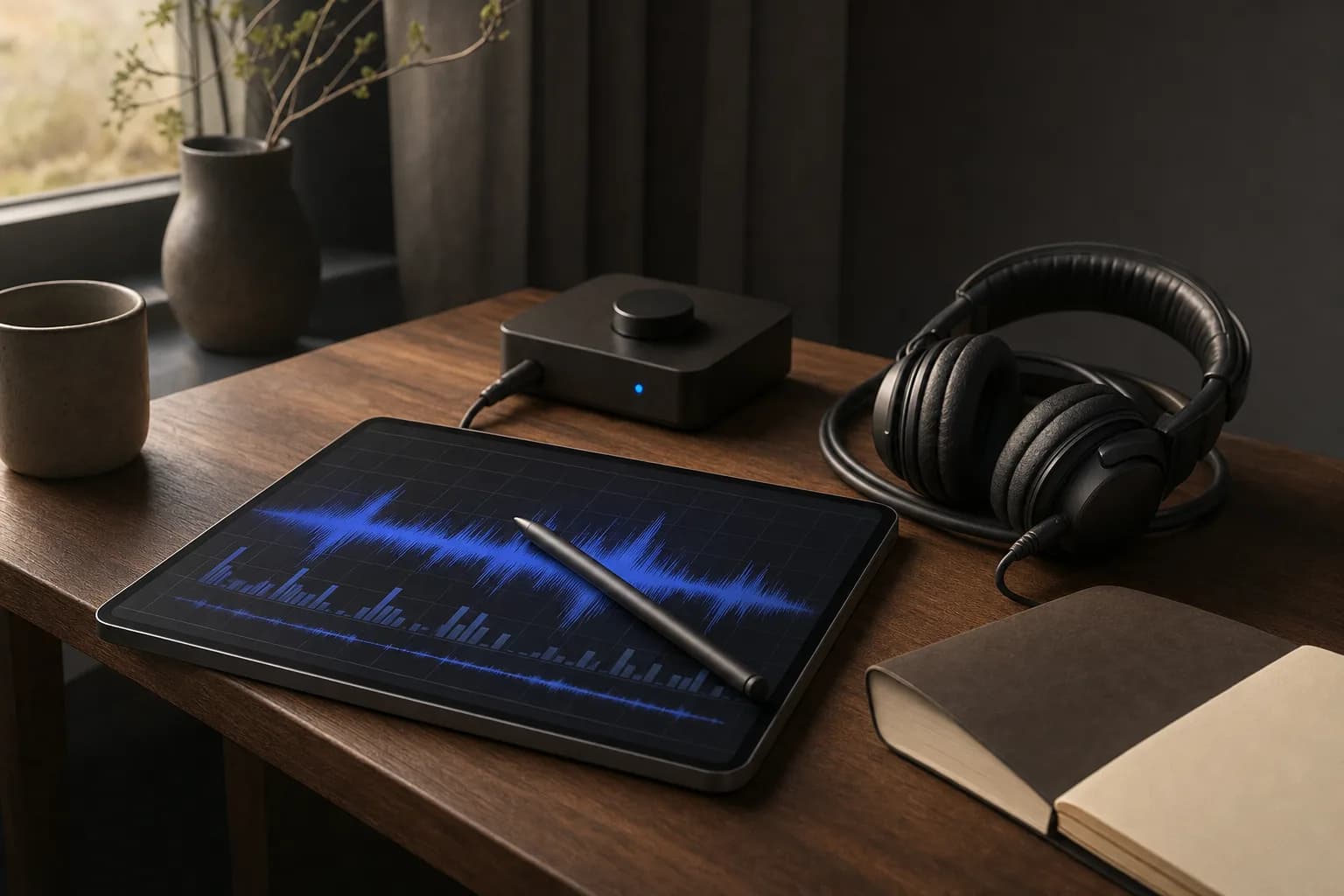 A designer's desk in warm window light with a tablet showing an abstract audio waveform and layout grid, a stylus resting on it, studio headphones and a small audio interface nearby.