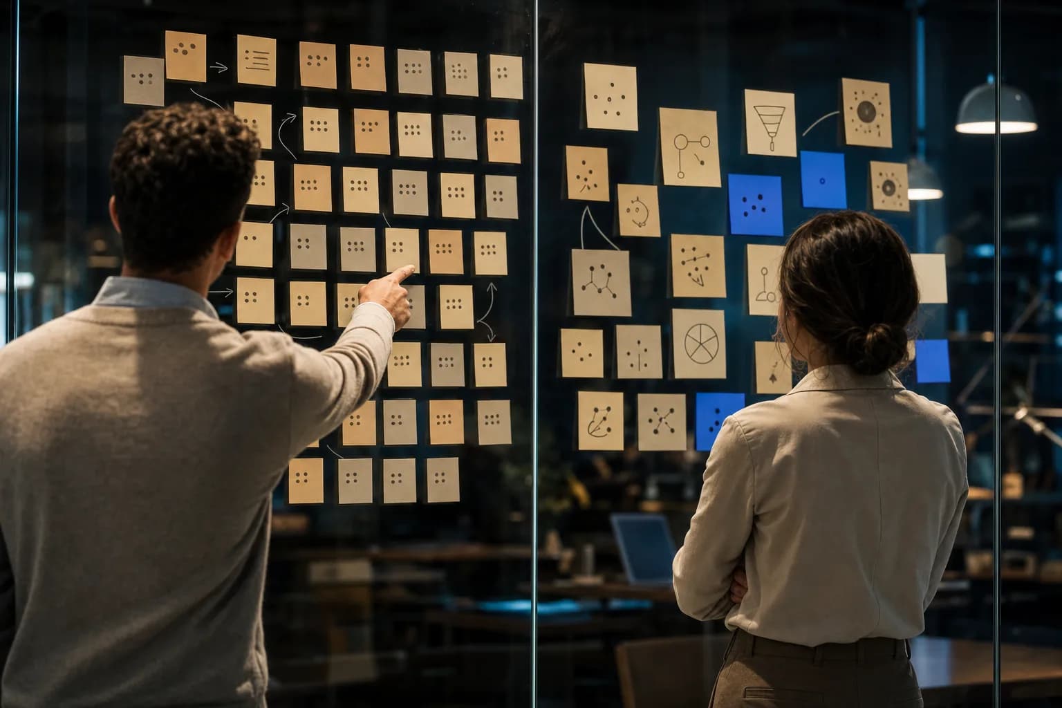 Two colleagues seen from behind at a glass wall of sticky notes, one gesturing toward a dense cluster of notes copied and repeated across the board while sparser original clusters sit to the side.