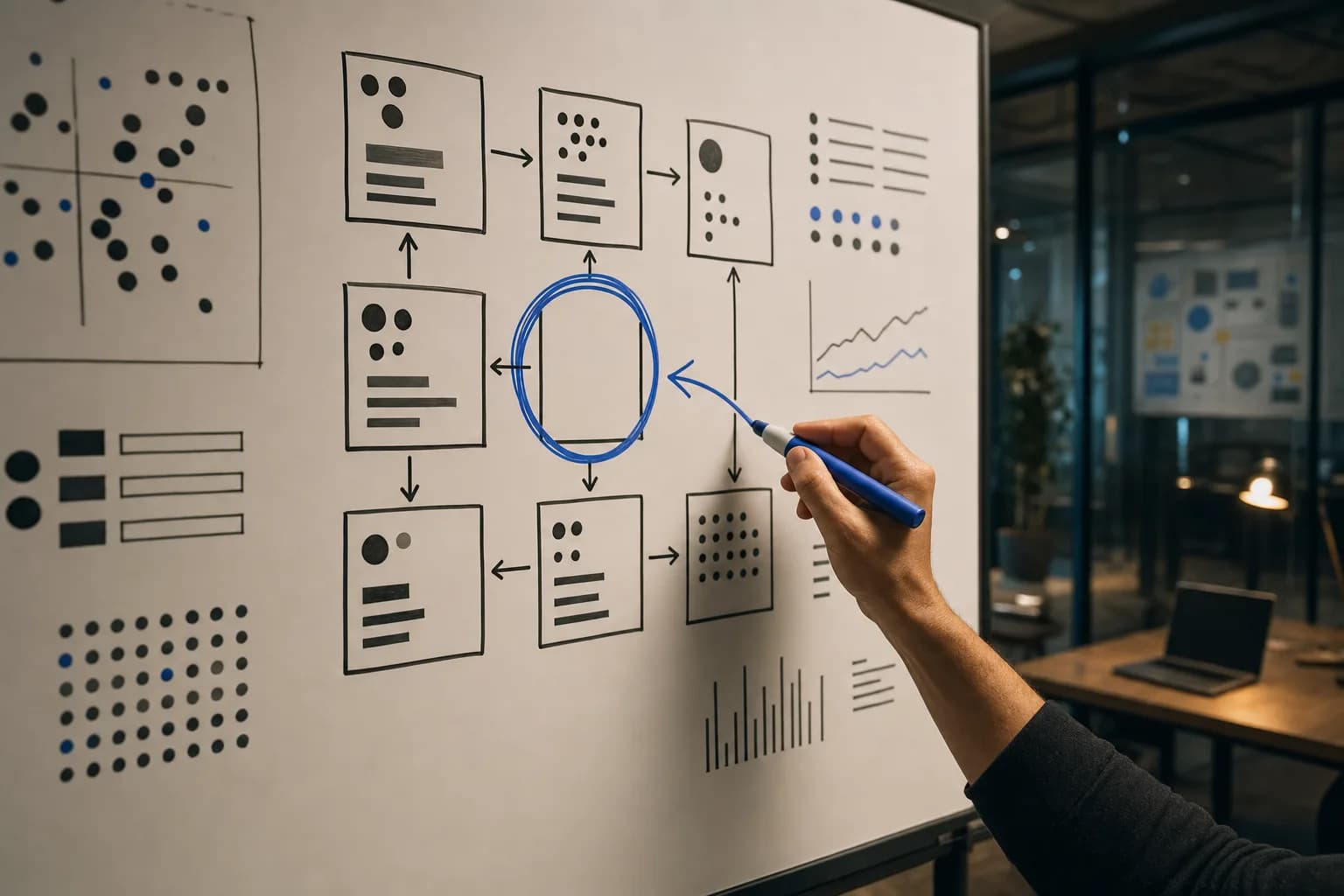 A hand holding a marker fills in a large whiteboard grid of boxes and arrows mapping competing creator brands, with one empty cell circled as an unclaimed gap, in a softly blurred office.