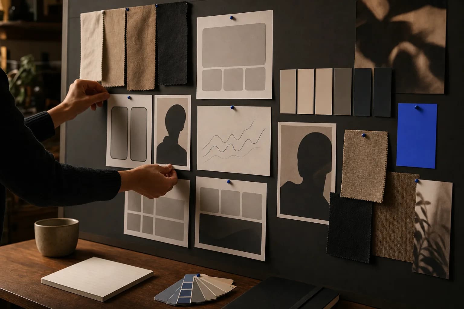 Hands arranging color chips, fabric swatches and printed content tiles into a structured moodboard wall for a creator's brand identity.