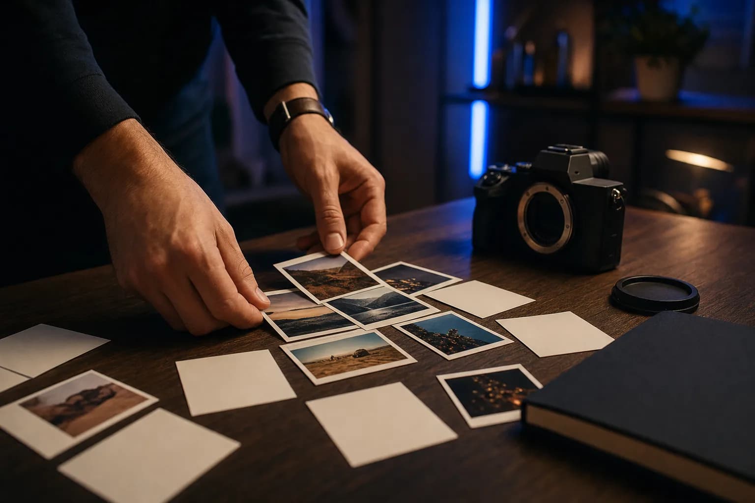 A creator's hands arranging printed photographs and index cards into a single tight cluster on a dark studio table, beside a camera body and a small notebook under warm directional light.