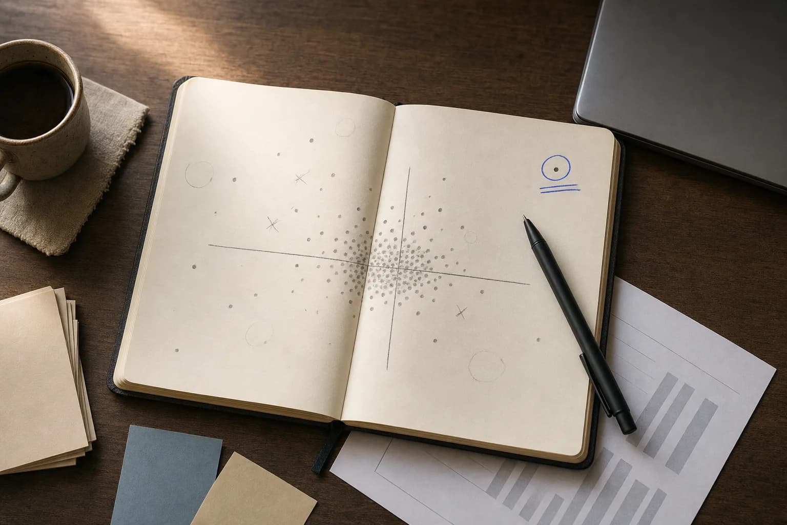 An overhead view of a minimalist desk where an open notebook shows a hand-drawn two-axis positioning map with a wide cluster of dots at the center and one isolated dot marked in blue at the outer edge, a pen lying across the page beside a cup of coffee.